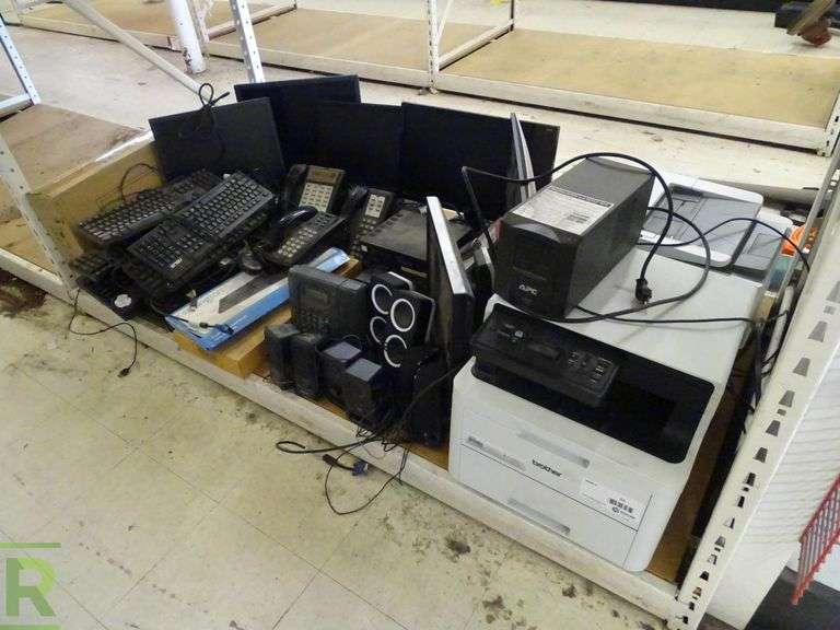 Shelf of Monitors, Keyboards, Speakers, Phones and (2) Printers
