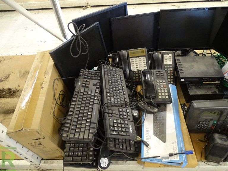 Shelf of Monitors, Keyboards, Speakers, Phones and (2) Printers