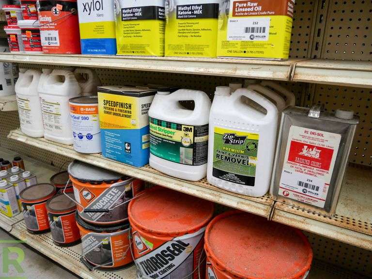 Shelf of Cement, Mortar, Patch Additive, Stripper and Thinner Roller
