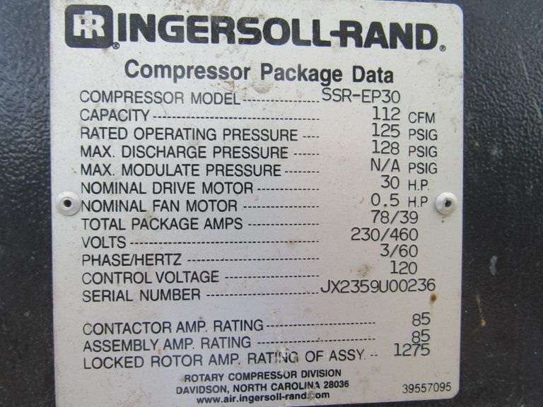 AIR COMPRESSOR, INGERSOLLRAND MDL SSREP30, 112 CFM, 30HP, 230/460