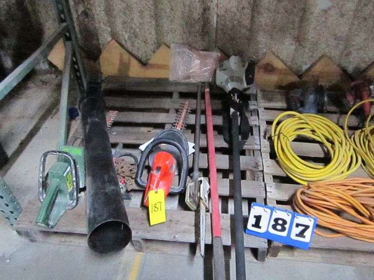 MISC. ON (3) PALLETS INCLUDING LAWN EDGER, STIHL CHAIN SAW, CIRCULAR