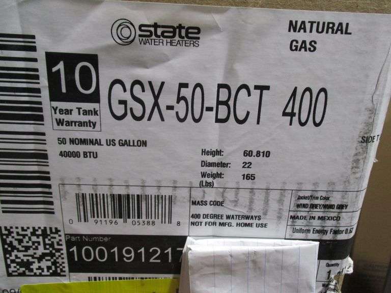 STATE WATER HEATER, 50GALLON, NATURAL GAS P/N 1001191217, S/N