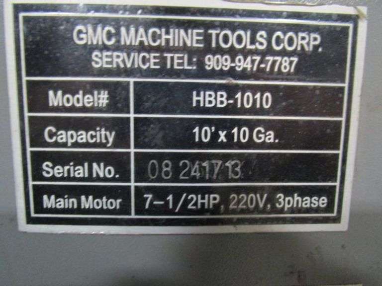 GMC MACHINE TOOLS HYDRAULIC FINGER BRAKE MDL HBB1010, S/N 08241713, 10