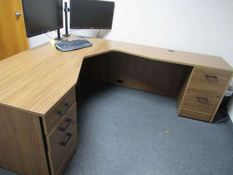 (1) LSHAPED WOOD DESK, (1) WOOD STORAGE Rosen Systems