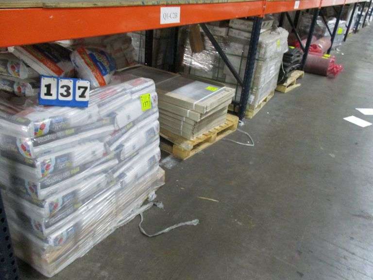 APPROX. (13) PALLETS, ASSORTED FLOOR, WALL PRODUCTS AND MISC. INCLUDING HARD HAT, MORTAR, STONE, TILE, CARPET SQUARES, ROLLS, ADHESIVE, OUTLIER, WALL BASE, THIN SET AND MORE AS SHOWN **Located in Northeast Warehouse**