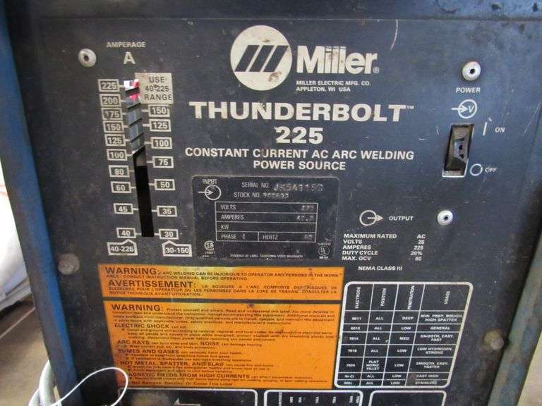 MILLER THUNDERBOLT 225 A/C ARC WELDER WITH LEADS, CART AND HEGMENT, S/N ...