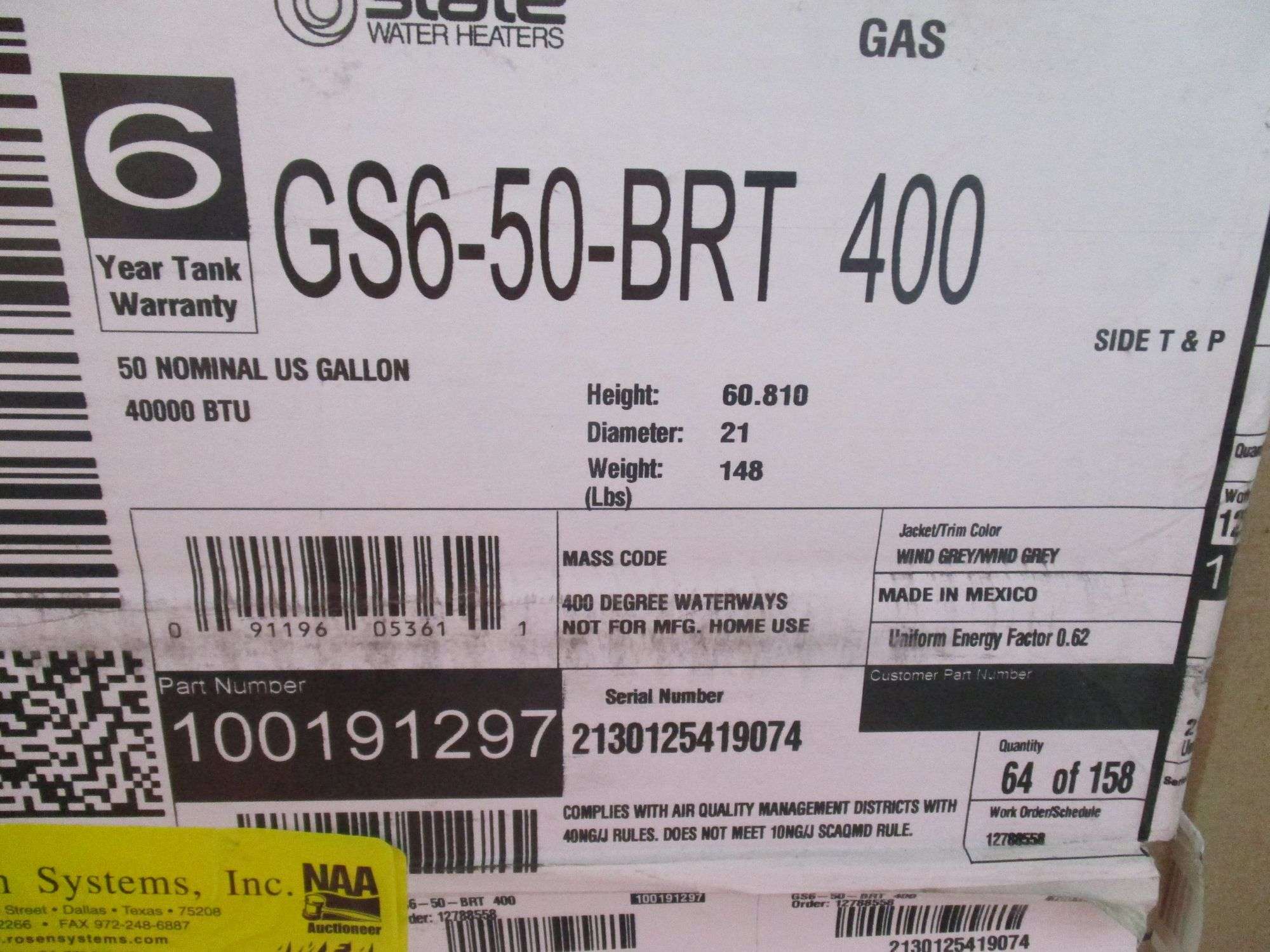 STATE WATER HEATER, NATURAL GAS, 50-GALLON, #GS6-50-BRT-400, P/N 100191297,  S/N 2130125419074, WITH BOX - Rosen Systems