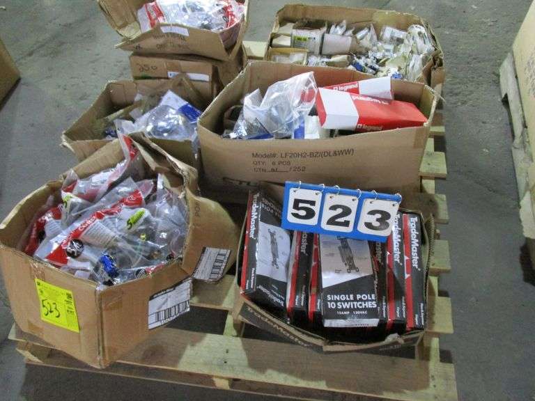 PALLET, (7) BOXES ASSORTED ELECTRICAL ITEMS INCLUDING SINGLE POLE