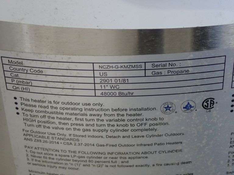 LOT OF (2) OUTDOOR PATIO HEATERS 48,000 BTU MODEL NCZHGKMZMSS W