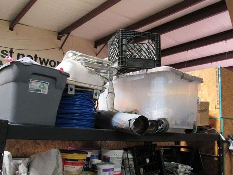 CONTENTS ONLY ON (5) METAL SHELVES INCLUDING JOINT COMPOUND, CONCRETE
