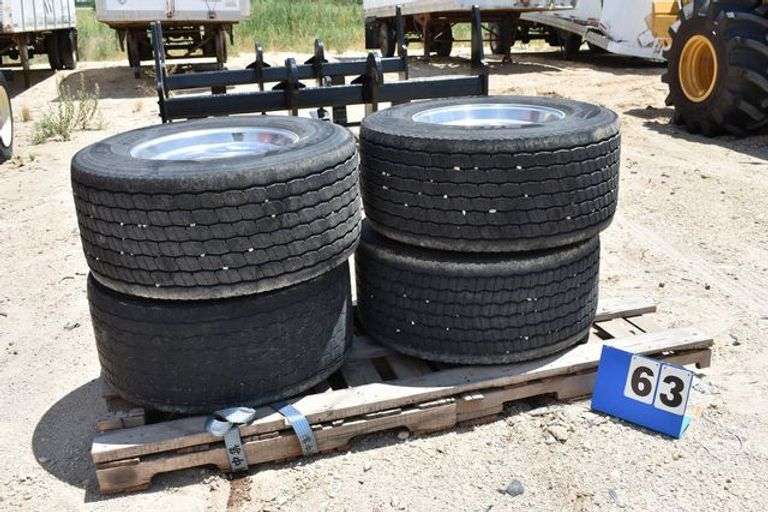 (4) SUPER SINGLE WHEELS AND TIRES, 445/50R22.5 TIRES, ALUMINUM RIMS