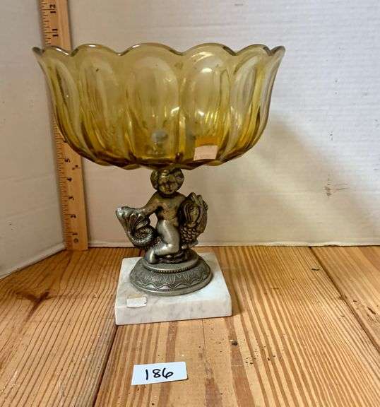 Vintage Amber Glass Compote Bowl Marble Base with Cherub Angel