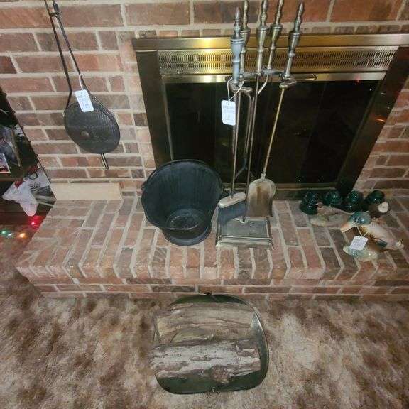 Fireplace tools, coal bucket, and log holder Schmid Auction