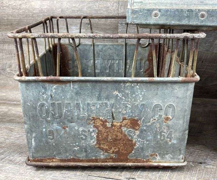 3 vintage galvanized dairy crates Schneider Auctioneers LLC