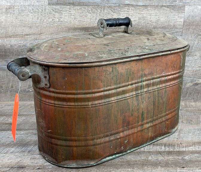 Vintage copper wash boiler w/lid, 27” long Schneider Auctioneers LLC