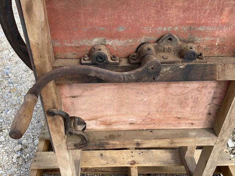 Antique wooden hand crank corn sheller Schneider Auctioneers LLC