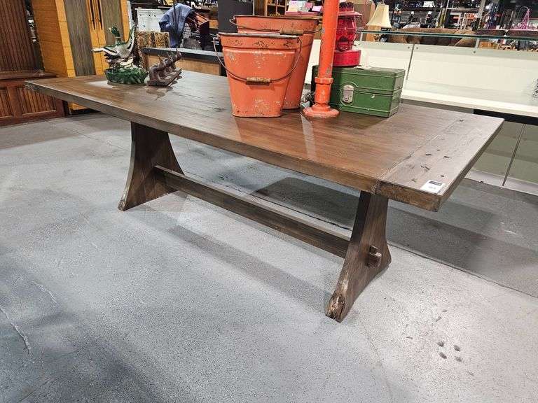 Mahogany Farmhouse Trestle Table and decor- 29-1/2" x 84" x 40"