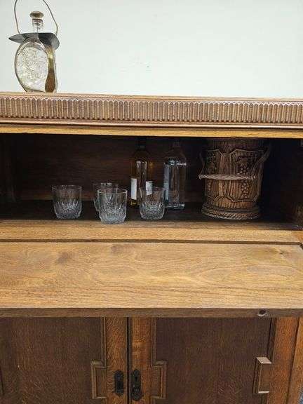 Vintage Tiger Oak Bar Cabinet with Drinkware and more