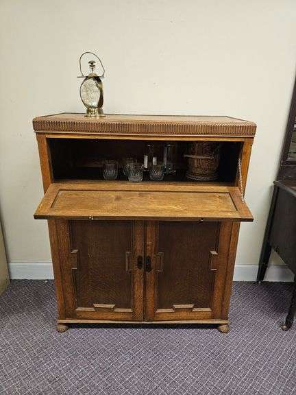 Vintage Tiger Oak Bar Cabinet with Drinkware and more