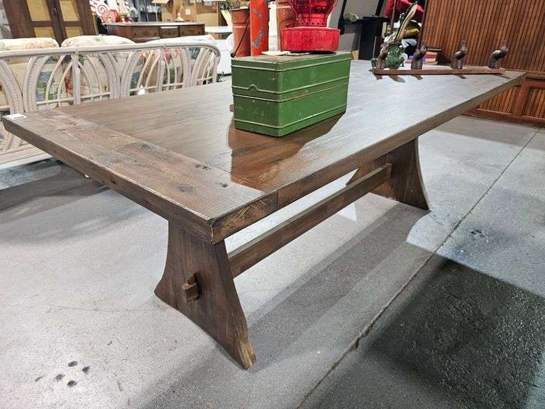 Mahogany Farmhouse Trestle Table and decor- 29-1/2" x 84" x 40"
