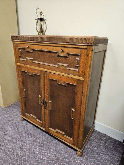 Vintage Tiger Oak Bar Cabinet with Drinkware and more