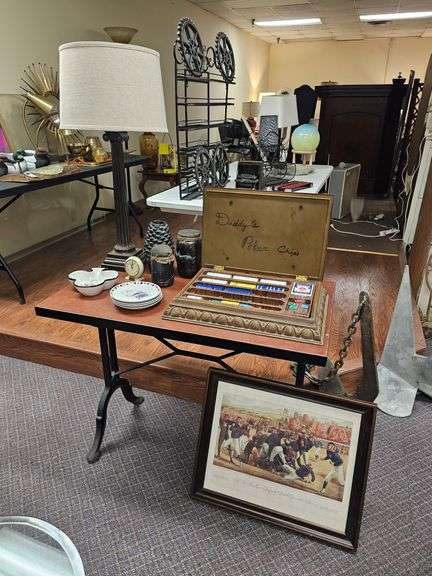 Laminate Top Console Table, 1867 Princton vs. Yale Art Motif. Lamp and ...