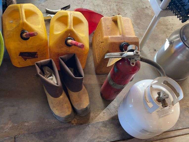 Gas cans, water boots, fire extinguisher, propane tank Sherwood Auctions