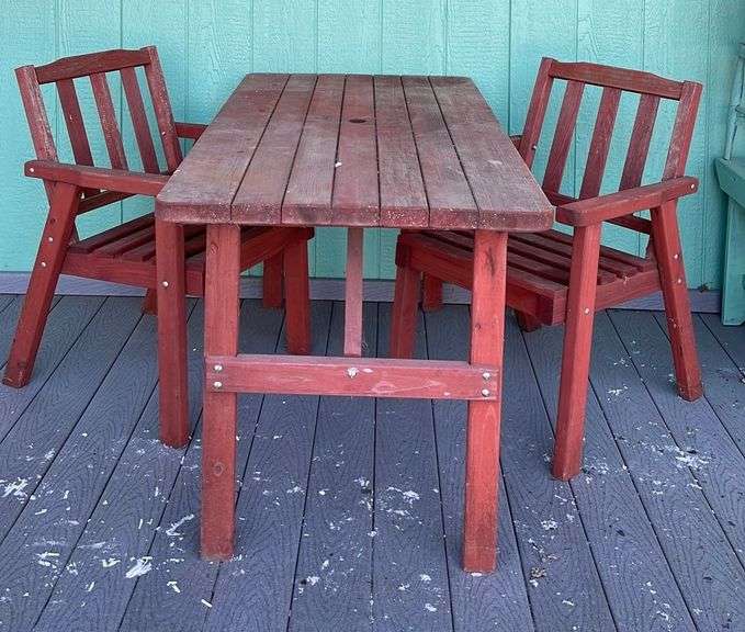 Red Wooden Outdoor Table & 2 Chairs Sherwood Auctions