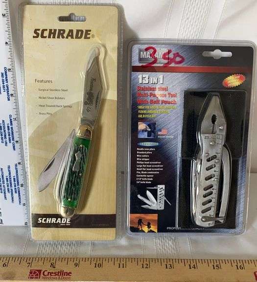 Schrade Knife w/ Tractor Up Case, Maxam MultiPurpose Tool w/ Belt