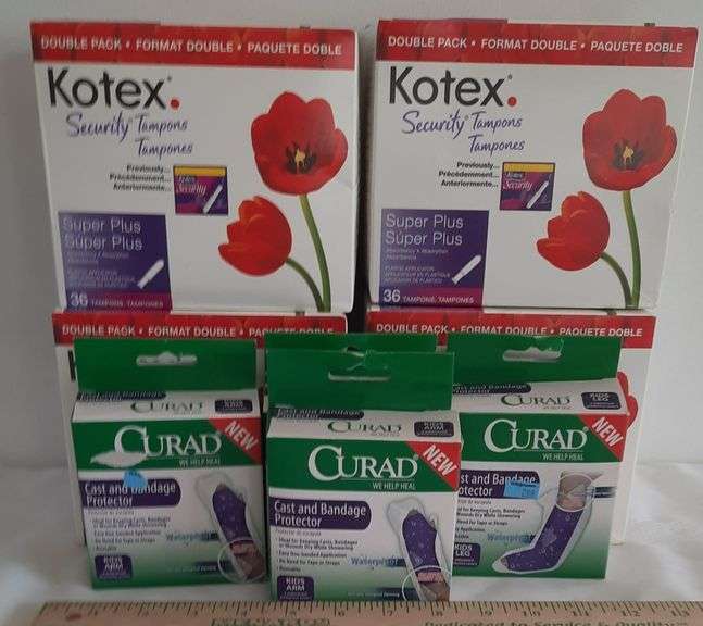 4 Packs of Kotex Super Plus Tampons and 4 Boxes of Curad Cast and