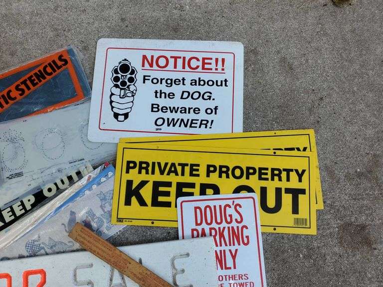 Stencils private property signs, trash can and more Sherwood Auctions