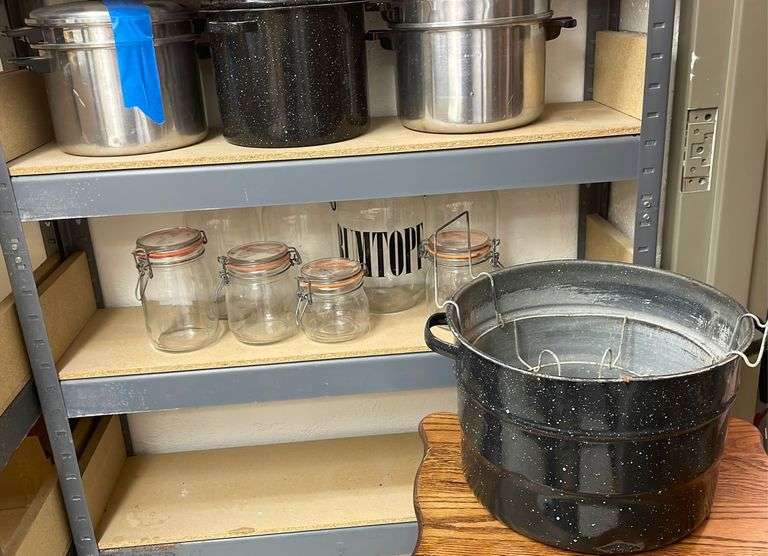 Assortment of Canning Jars, Aluminum Double Boilers, Blancher + Large