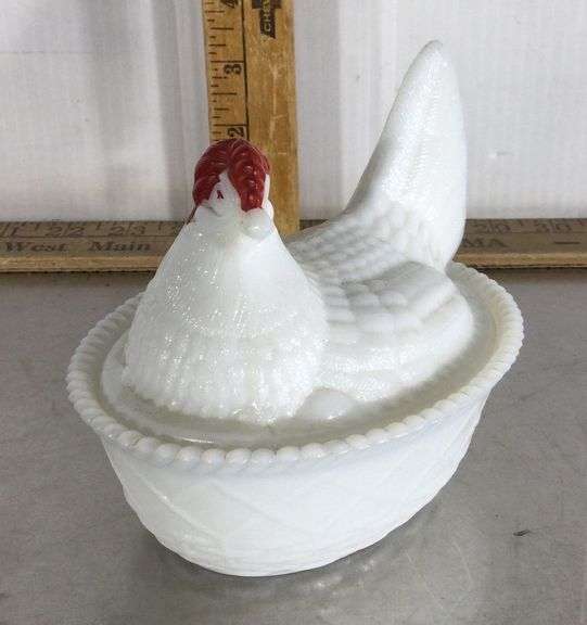 Westmoreland Milk Glass Hen in a Basket Sherwood Auctions