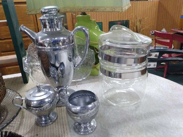 Glass Double Boiler, Pots + Pans, Knick Knack Shelf, Lamp, Coffee Set