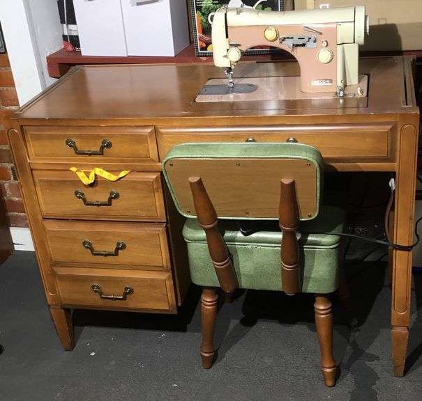 Necchi Sewing Machine, Table and Chair with Contents Sherwood Auctions