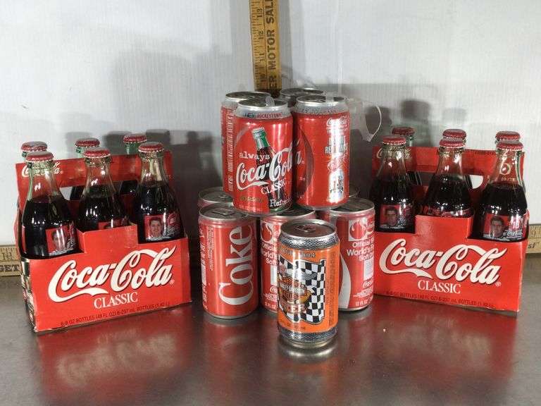 Empty Coke Cans, Harley Davidson Can & (2) 6 Packs Full Bottles
