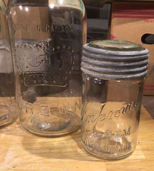antique Half Gallon Crown mason jars and a Improved Gem Pint Jar