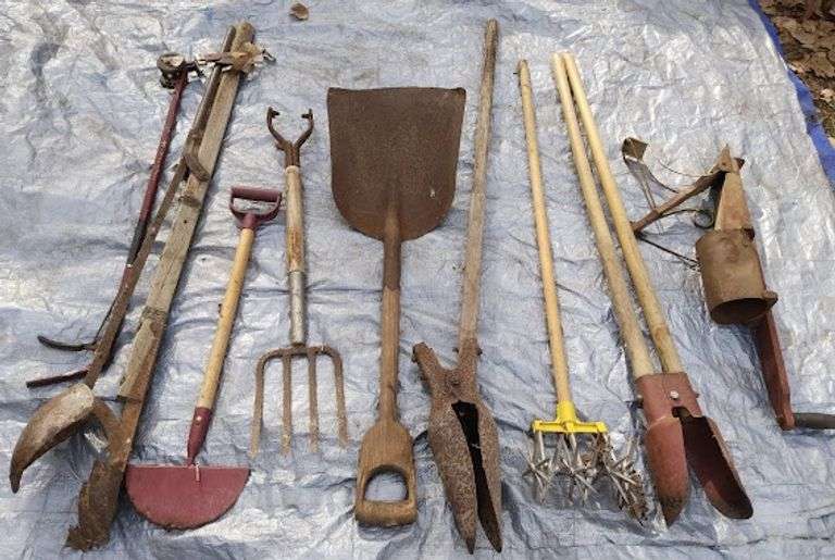 Corn Planter, Pitchfork, Post Hole Diggers + Shovel Sherwood Auctions