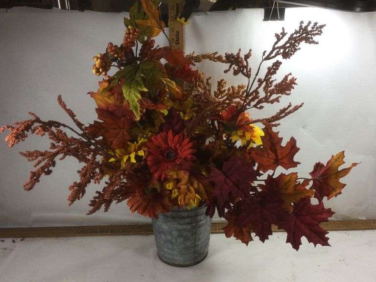 Galvanized Metal Vase with Artificial Flowers Sherwood Auctions