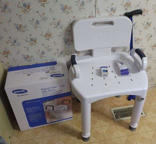 Invacare Raised Toilet Set (New In Box), Shower Chair, Cane