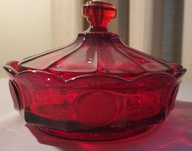 Fostoria Ruby Red Coin Glass Lidded Candy Dish Sherwood Auctions