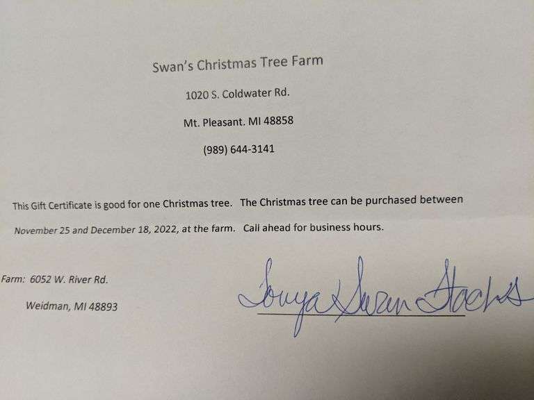 Swan's Christmas Trees Certificate (1 free Christmas Tree) Sherwood