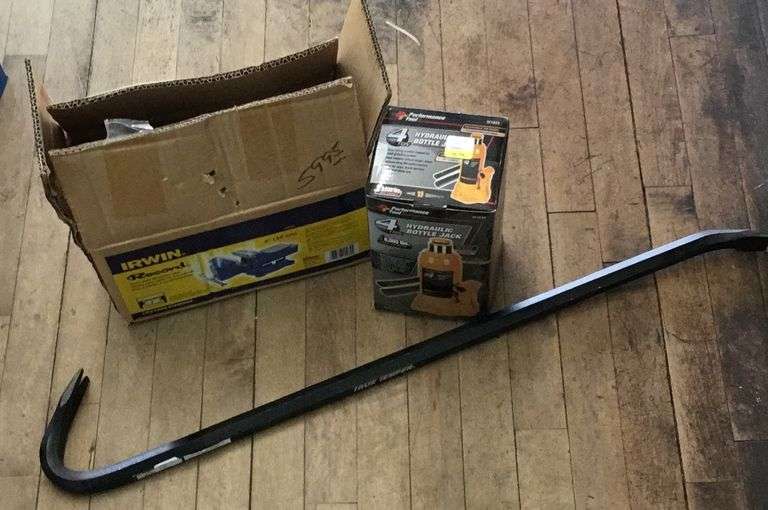 Irwin Vise, 4 Tn Hydraulic Bottle Jack and True Temper Pry Bar