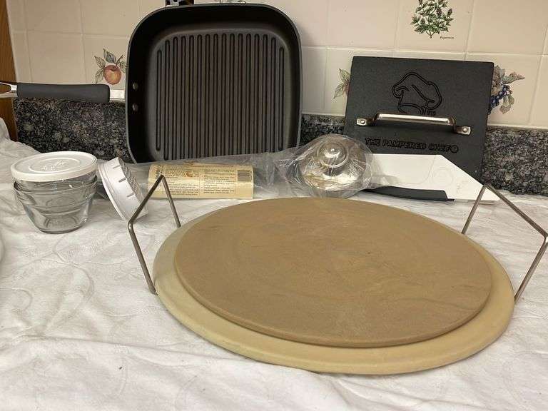 The Pampered Chef PiecesBaking Stones, Bowls, Bread Knife, Knife Sharpener, Bacon Press + 11