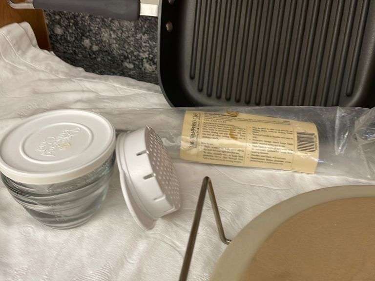 The Pampered Chef PiecesBaking Stones, Bowls, Bread Knife, Knife Sharpener, Bacon Press + 11