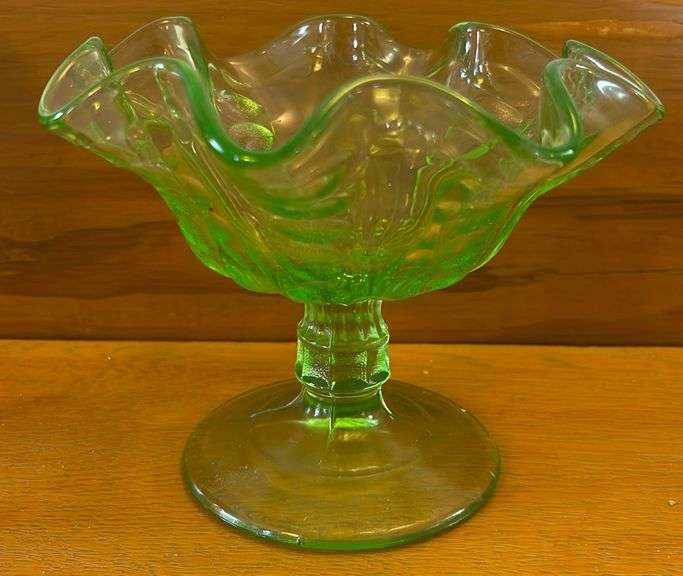 Uranium Glass Ruffled Footed Candy Dish Sherwood Auctions