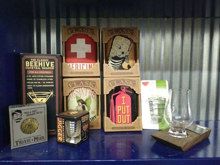 Novelty Bar Items Flasks, Cocktail Shaker, Jigger & Collapsible Steel Cup + Pint Glass