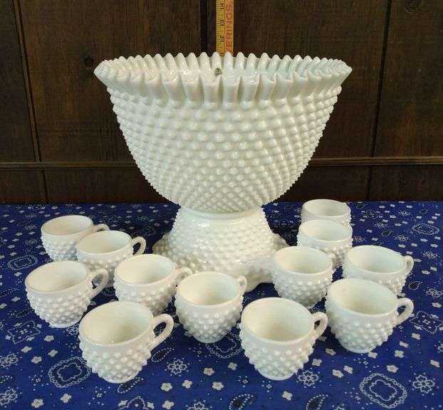 Fenton Milk Glass Hobnail 2 Piece Pedestal Punch Bowl w/ 12 CupsNew in