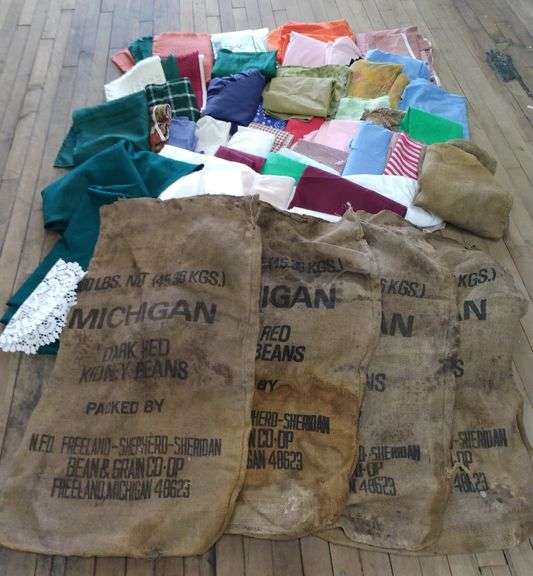 Assorted Linens, Fabrics + Michigan Burlap Bean Bags Sherwood Auctions