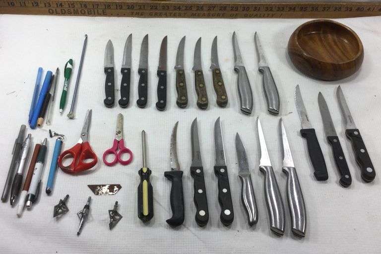 Knives, Pens, Scissors, Wood Bowl Sherwood Auctions